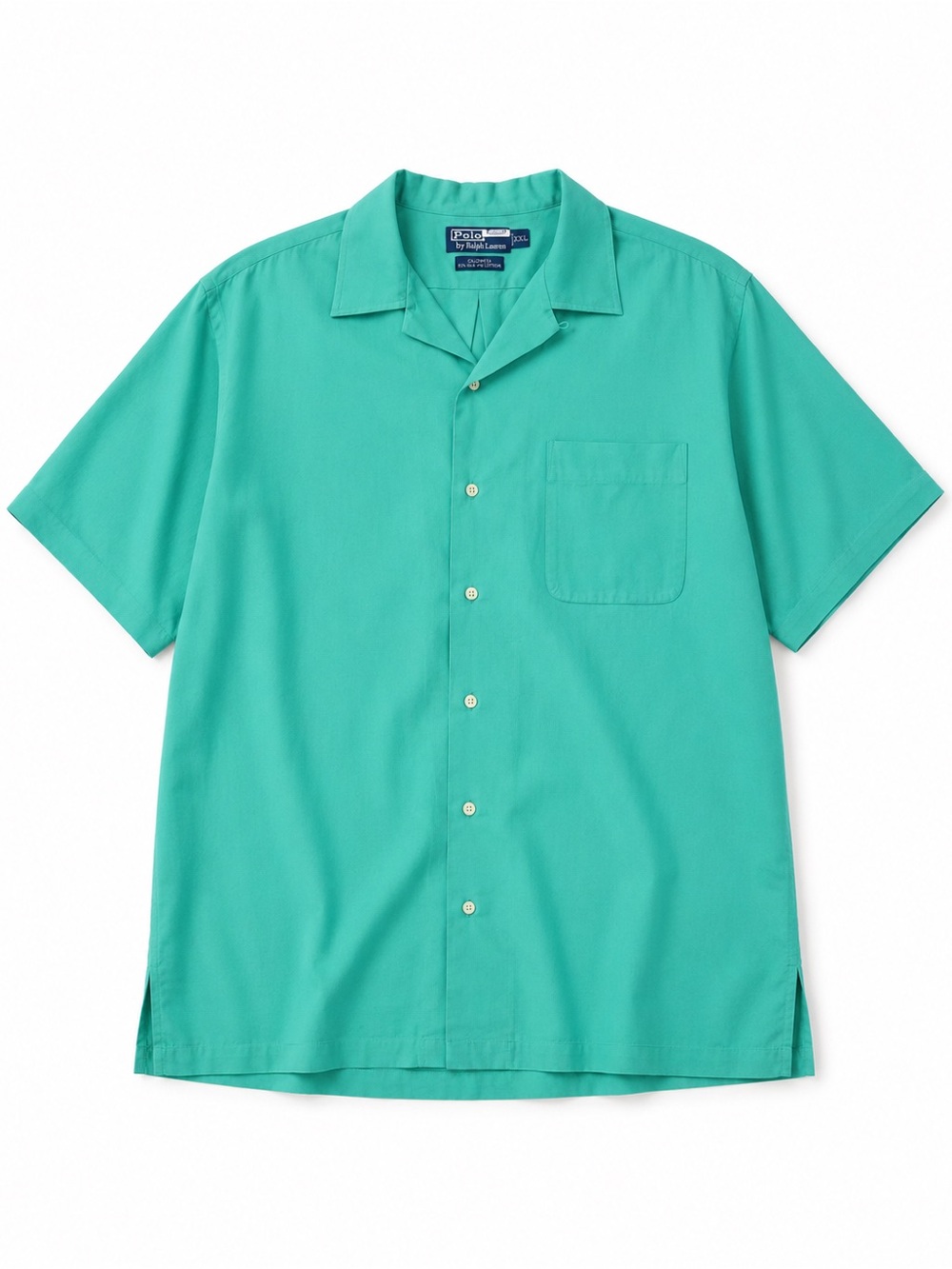 Vintage 90s Polo Ralph Lauren Caldwell Silk Cotton Camp Shirt Teal Green XXL